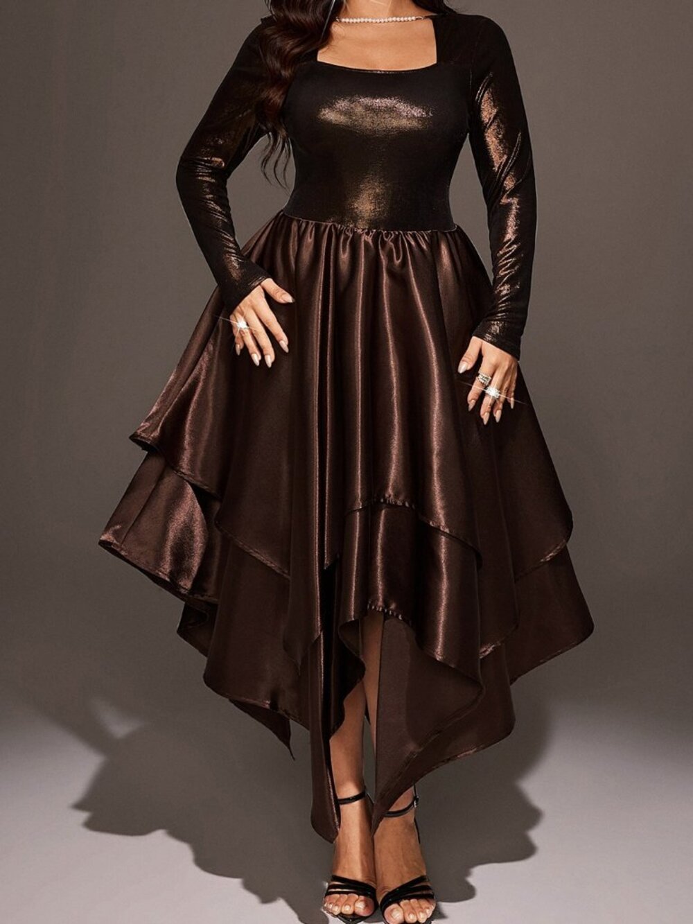Brown Chic Women's Metallic Square Neck Asymmetrical Ruffle Hem Midi Dress